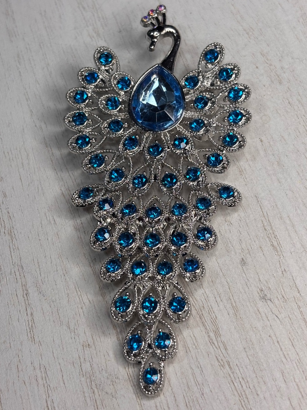 Blue Rhinestone Peacock Brooch Large Statement Crystal Bird Pin Silver Tone